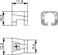 Technische Zeichnung einer Fitting, Seiten-, Ober- und Frontansicht mit Abmessungen: 11,4 mm breit, 7,5 mm und 12,5 mm hoch, 9,6 mm tief.