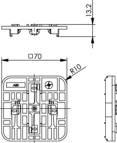 Diagramm einer mechanischen Komponente mit markierten Abmessungen, einschließlich einer Breite von 70 mm und einer Krümmung von R10. Komponenten umfassen ABS-Beschriftung.