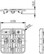 Technische Zeichnung einer rechteckigen Komponente mit beschrifteten Abmessungen. Die Breite beträgt 70 Einheiten, mit einem R10-Radius an den Ecken. Verschiedene Befestigungspunkte sind markiert.