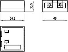 Technische Zeichnung mit Abmessungen einer elektronischen Komponente, 64,9 mm breit und 30,5 mm hoch, mit zusätzlichen Details der Draufsicht.