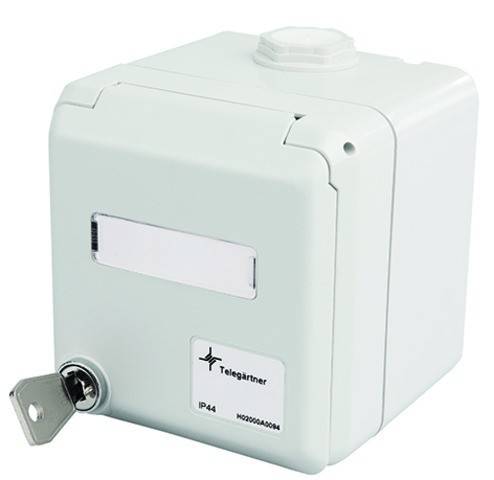 Telepartner IP44 wasserdichtes elektrisches Gehäuse mit verschließbarem Deckel und Schlüssel, geeignet für den Außeneinsatz.