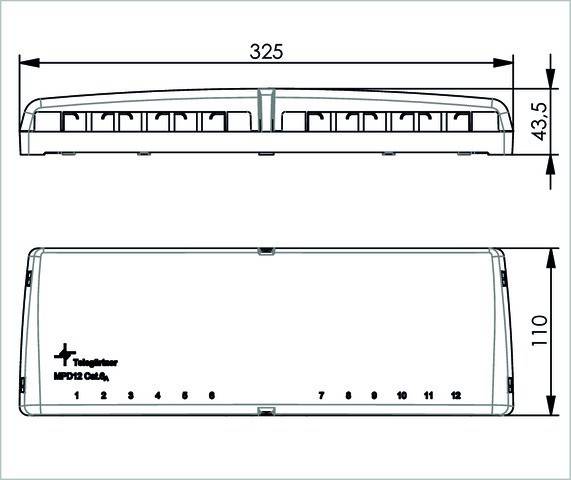 Technische Zeichnung einer mehrschichtigen Lichtleiste mit als '325' beschrifteten Abmessungen. Zeigt Draufsicht und Rückansicht mit von 1 bis 12 markierten Nummern.