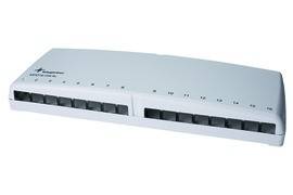 Ein silberner Multiport-Netzwerk-Switch mit zwei Reihen von Ethernet-Anschlüssen und Statusleuchten auf weißem Hintergrund.