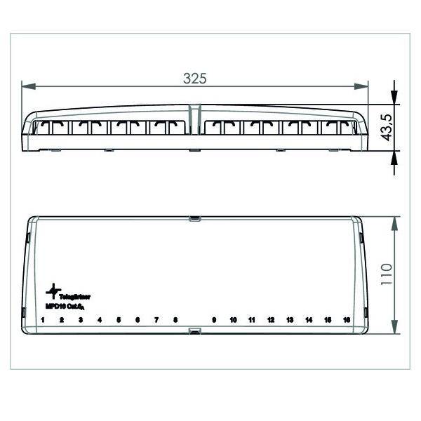 Technische Zeichnung eines rechteckigen 16-Port-Netzwerkgeräts mit Vorder- und Draufsicht mit den Abmessungen 325 mm Breite, 110 mm Tiefe und 43,5 mm Höhe.