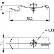 Technische Zeichnung mit Abmessungen einer Metallklammer. Draufsicht: Breite 50,2 mm, Höhe 7,6 mm. Seitenansicht: Höhe 14 mm. Schraube beschriftet mit 'M4x12'.