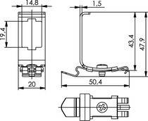 Technische Zeichnung einer mechanischen Komponente mit Abmessungen: 14,8 mm, 1,5 mm, 20 mm, 43,4 mm und 50,4 mm. Ansichten von oben, von der Seite und von vorne dargestellt.