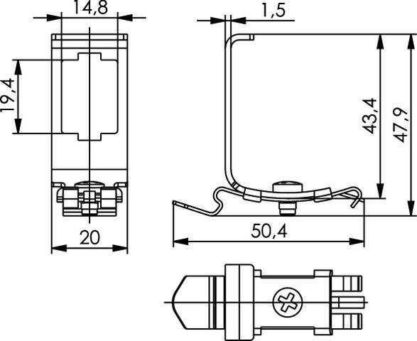 Technische Zeichnung eines Geräts mit Abmessungen: 14,8 mm, 20 mm, 50,4 mm und 43,4 mm. Zeigt detaillierte Seiten- und Frontansichten mit Anmerkungen.