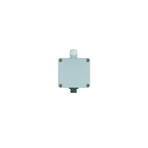 Eine kleine, quadratische, graue elektrische Verteilerdose mit sichtbaren Schrauben und Kabelkanälen an Ober- und Unterseite für Kabelverbindungen.