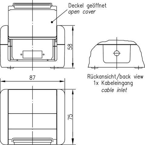 Technische Zeichnung eines rechteckigen Geräts mit beschrifteten Abmessungen: 87 mm Breite, 75 mm Höhe und 58 mm Tiefe. Merkmale umfassen einen offenen Deckel und einen Kabeleinlass.