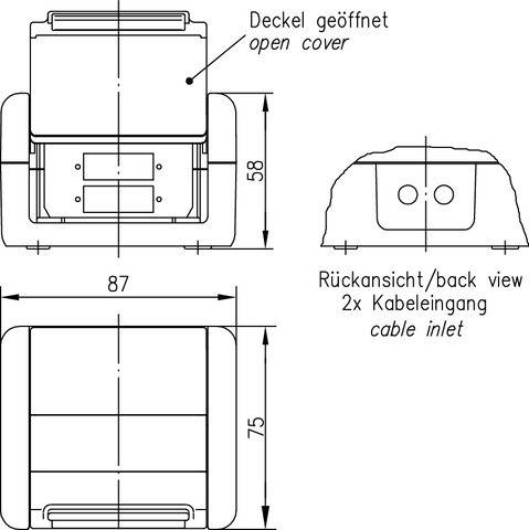 Technische Zeichnung eines Geräts mit Abmessungen von 87x75 mm und einer Höhe von 58 mm bei geöffnetem Deckel. Beinhaltet eine Rückansicht mit Kabeleingang.