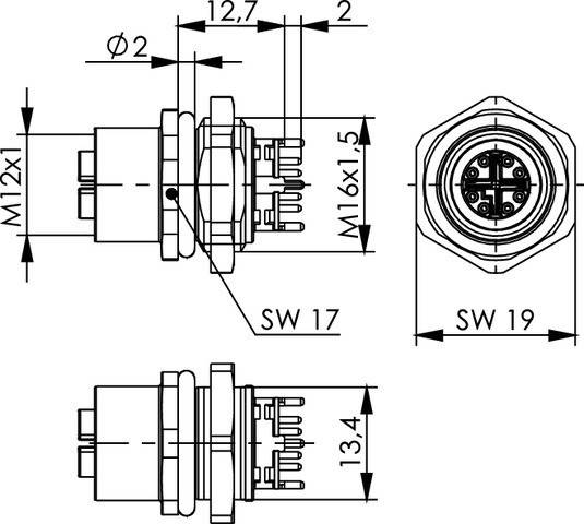 Technische Zeichnung, die die Abmessungen eines Verbinders zeigt, einschließlich Durchmesser, Gewindegröße und Schlüsselweite. Front- und Seitenansicht enthalten.