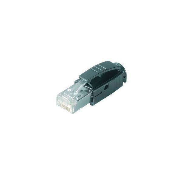 Ein einzelner RJ45-Stecker, überwiegend schwarz, für Ethernet-Kabel. Er hat sichtbare Metallstifte und eine Schutzabdeckung an einem Ende.