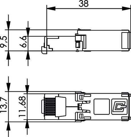 Technische Schemazeichnung eines Anschlusses mit beschrifteten Abmessungen: Draufsicht Höhe 9,5 mm, Breite 38 mm; Unteransicht Höhe 13,7 mm, Breite 11,8 mm.