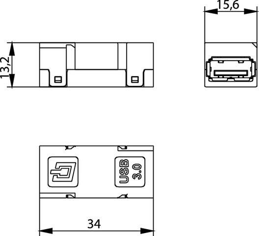 Diagramm eines USB 3.0-Steckers mit Abmessungen: 15,6 mm Breite und 34 mm Länge. Enthält Anschlusspunkte und USB-3.0-Bezeichnung.
