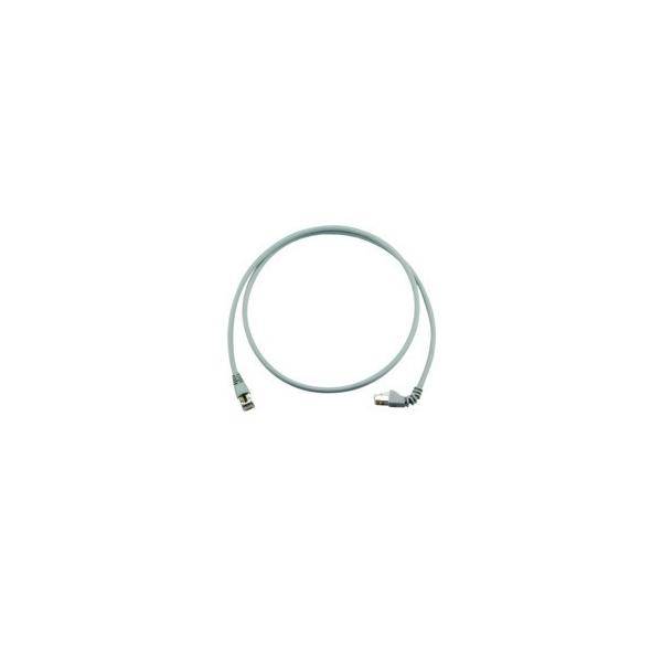 Ein aufgerolltes graues RJ45-Ethernet-Kabel mit Anschlüssen an beiden Enden, verwendet für Netzwerk- oder Internetverbindungen.