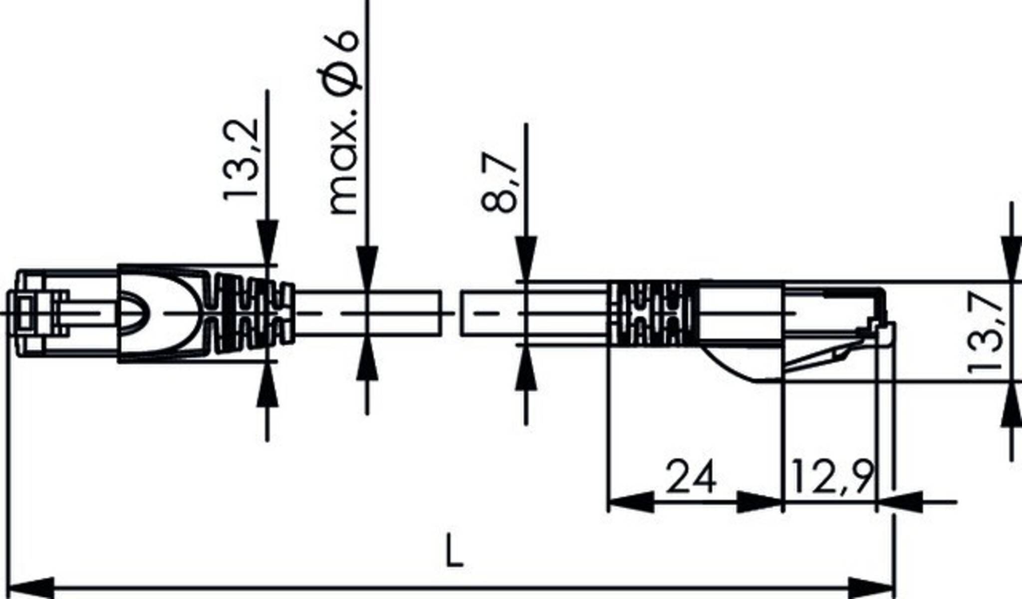 Technische Zeichnung einer Kabelstecker-Baugruppe mit Bemaßungspfeilen mit den Beschriftungen 13,2, max. Ø6, 8,7, 24, 12,9, 13,7 und Gesamtlänge L.