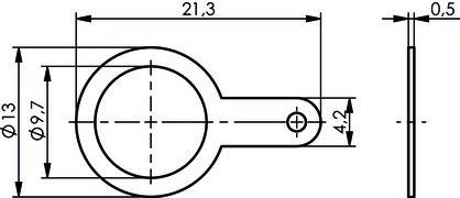 Eine technische Zeichnung eines kreisförmigen Bauteils mit Maßangaben. Der Hauptkreis ist mit einem kleineren Kreis auf der rechten Seite verbunden, der 21,3 Einheiten im Durchmesser misst.