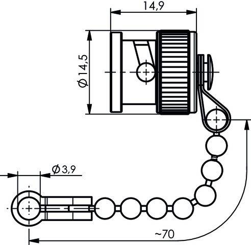 Technische Zeichnung einer mechanischen Komponente mit Abmessungen. Zeigt ein Zahnrad mit einer Kettenvorrichtung; Schlüsseldurchmesser sind mit 14,9, 14,5 und 3,9 beschriftet.