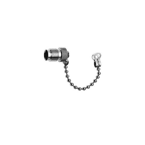 Eine Metallkette mit einem Stecker an einem Ende und einem Clip am anderen Ende, die üblicherweise verwendet wird, um kleine elektronische Anschlüsse zu sichern.