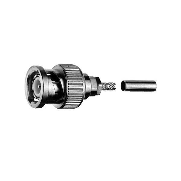 Ein BNC-Stecker mit einem zerlegten Koaxialkabel, der den Steckkörper, die Abschirmung und das Kabelende zeigt. Verwendet zum Anschluss elektronischer Geräte.