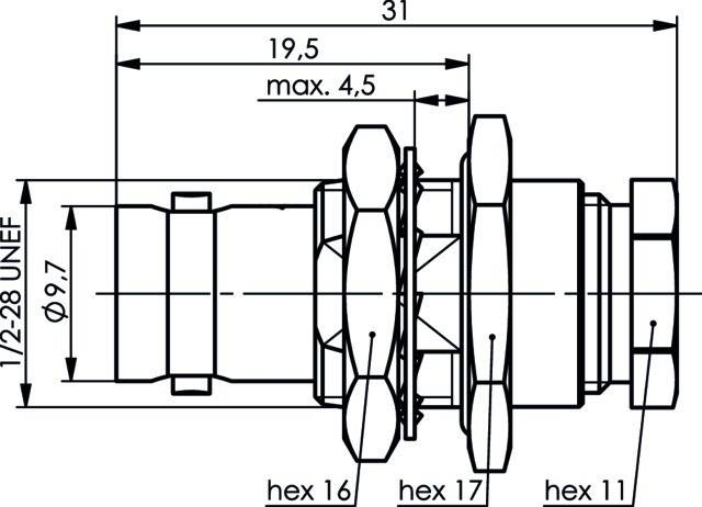 Technische Zeichnung eines mechanischen Bauteils mit mehreren sechseckigen Abschnitten, gekennzeichnet als 'hex 16', 'hex 17' und 'hex 19'. Abmessungen zeigen 19,5 mm, 31 mm, max 4,5 mm.