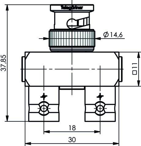 Eine technische Zeichnung eines Ventils mit detaillierten Abmessungen: Höhe 37,85 mm, Breite 30 mm, Durchmesser 14,6 mm. Zwei Ein-/Ausgangsanschlüsse dargestellt.
