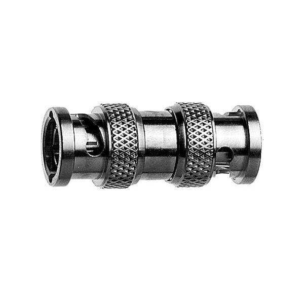 Ein schwarzer Metall-BNC-Koppler mit zwei gerillten Abschnitten zum einfachen Greifen, verwendet zum Verbinden von Koaxialkabeln in Audio- oder Videogeräten.