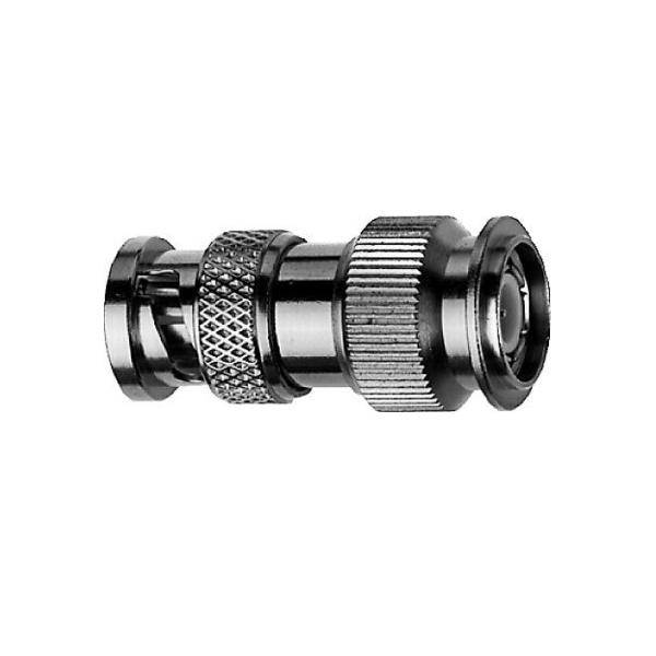 Ein Nahaufnahmebild eines silbernen BNC-Steckers, das seine metallische Textur und den gerillten Griff für sichere Kabelverbindungen zeigt.