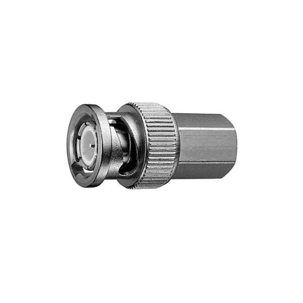 Ein Koaxial-Kabelstecker aus Metall, zylindrisch mit strukturiertem Griff und zentralem Stift, der für Audio- und Videogeräte-Anschlüsse verwendet wird.