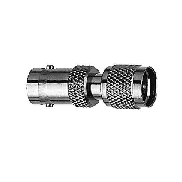 Ein Metall-BNC-Anschlussadapter mit strukturierter Griffoberfläche und zylindrischer Form, der für Koaxialkabelverbindungen in Audio- oder Videogeräten verwendet wird.