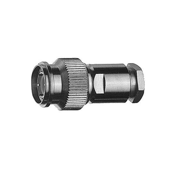 Metallverbinder mit sechseckiger Mutter, gerilltem Abschnitt und zylindrischem Ende, der in elektronischen oder Koaxialkabel-Anwendungen verwendet wird.