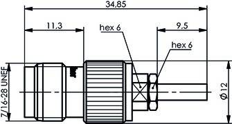 Technische Zeichnung eines Verbindungsstücks mit geknöpftem zylindrischem Körper. Abmessungen: Breite 34,85 mm, Sechskantgröße 6 mm.