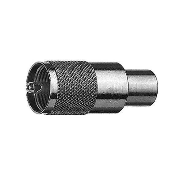 Ein silberner TNC-Stecker mit einem verschraubten Gehäuse und glattem zylindrischem Ende, der zum Verbinden von Koaxialkabeln in HF-Anwendungen verwendet wird.