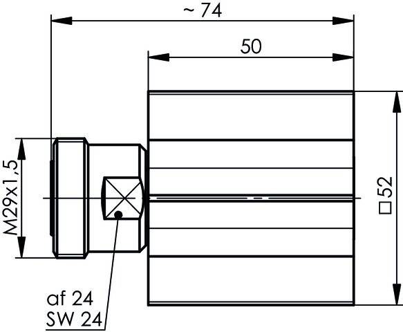 Technische Zeichnung eines zylindrischen Objekts mit Abmessungen: Länge 74 mm, Breite 50 mm, sechseckiger Abschnitt von 24 mm, SW 24 mm.