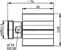 Technische Zeichnung einer zylindrischen Komponente mit einer Länge von 50 mm und einer Gesamtbreite von ungefähr 74 mm. Markiert mit 'af 24' und 'SW 24'.