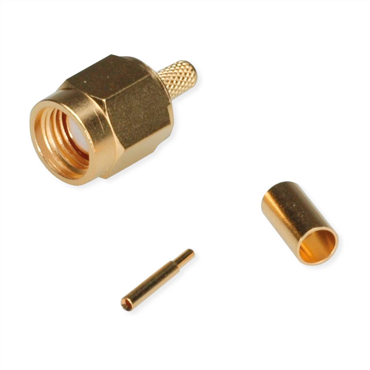 Ein vergoldeter SMA-Stecker mit separatem Kontaktstift und Gehäuse.