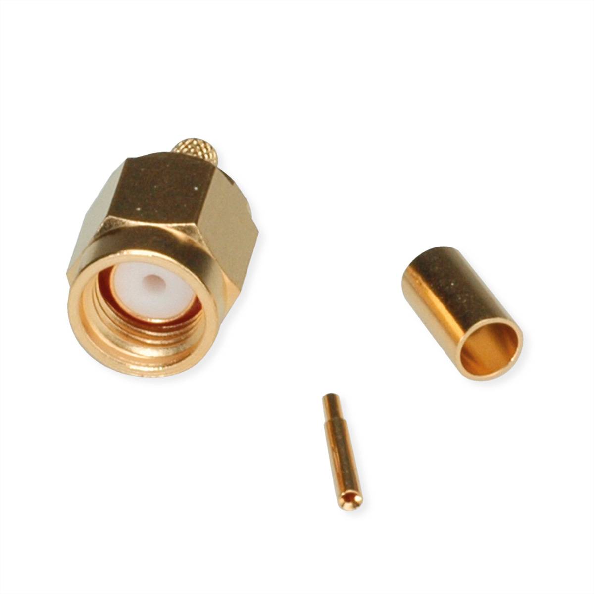 Ein metallischer koaxialer Stecker mit Verriegelungsmechanismus, teilweise zerlegt, um interne Komponenten zu zeigen, einschließlich einer Kontaktstift und Hülse.