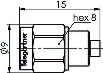 Diagramm eines Connectors mit der Bezeichnung 'Telegärtner', gekennzeichnet mit 15 mm Länge und einer für die Befestigung hervorgehobenen Sechseckform.