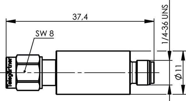 Technische Zeichnung, die ein zylindrisches Objekt mit beschrifteten Abmessungen zeigt: '37,4' oben und '8' auf der linken Seite.