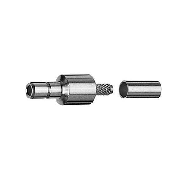 Ein zweiteiliger, metallischer Verbinder mit einem zylindrischen Stecker auf der linken Seite und einer passenden Hohlbuchse auf der rechten Seite, auf einem weißen Hintergrund dargestellt.