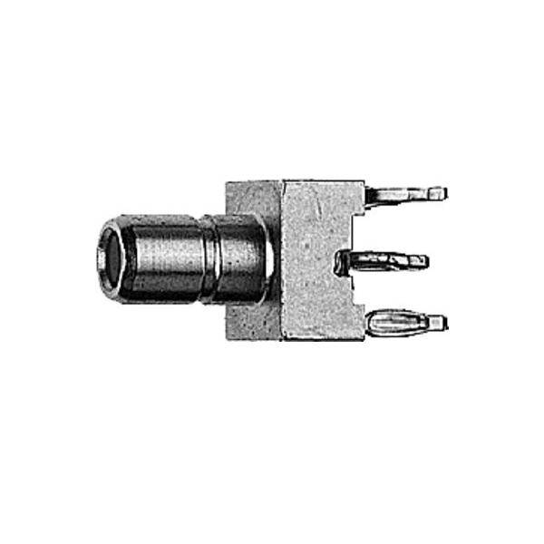 Ein Schwarz-Weiß-Bild einer elektronischen Komponente mit einem zylindrischen Körper und drei Anschlüssen, ähnlich einem Netzbuchsenanschluss.