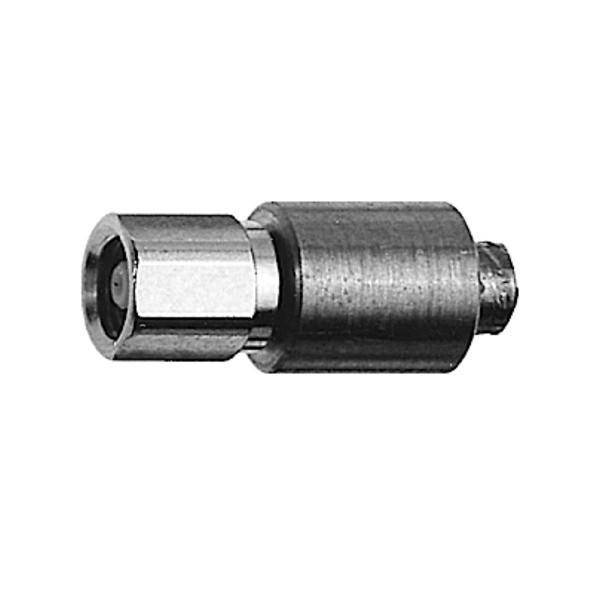 Ein metallisches zylindrisches Objekt, möglicherweise eine mechanische Komponente oder ein Verbindungsstück, mit einem sechseckigen Ende und einem glatten zylindrischen Körper.