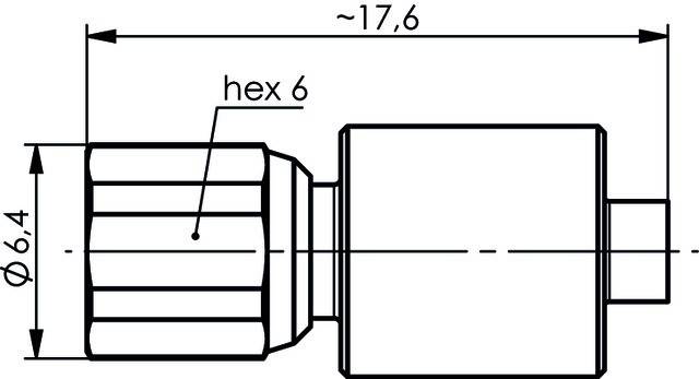 Mechanische Zeichnung, die ein zylindrisches Objekt mit einem sechseckigen Kopf zeigt, beschriftet mit 'Sechskant 6'. Eine Dimension von ungefähr 17,6 ist angegeben.