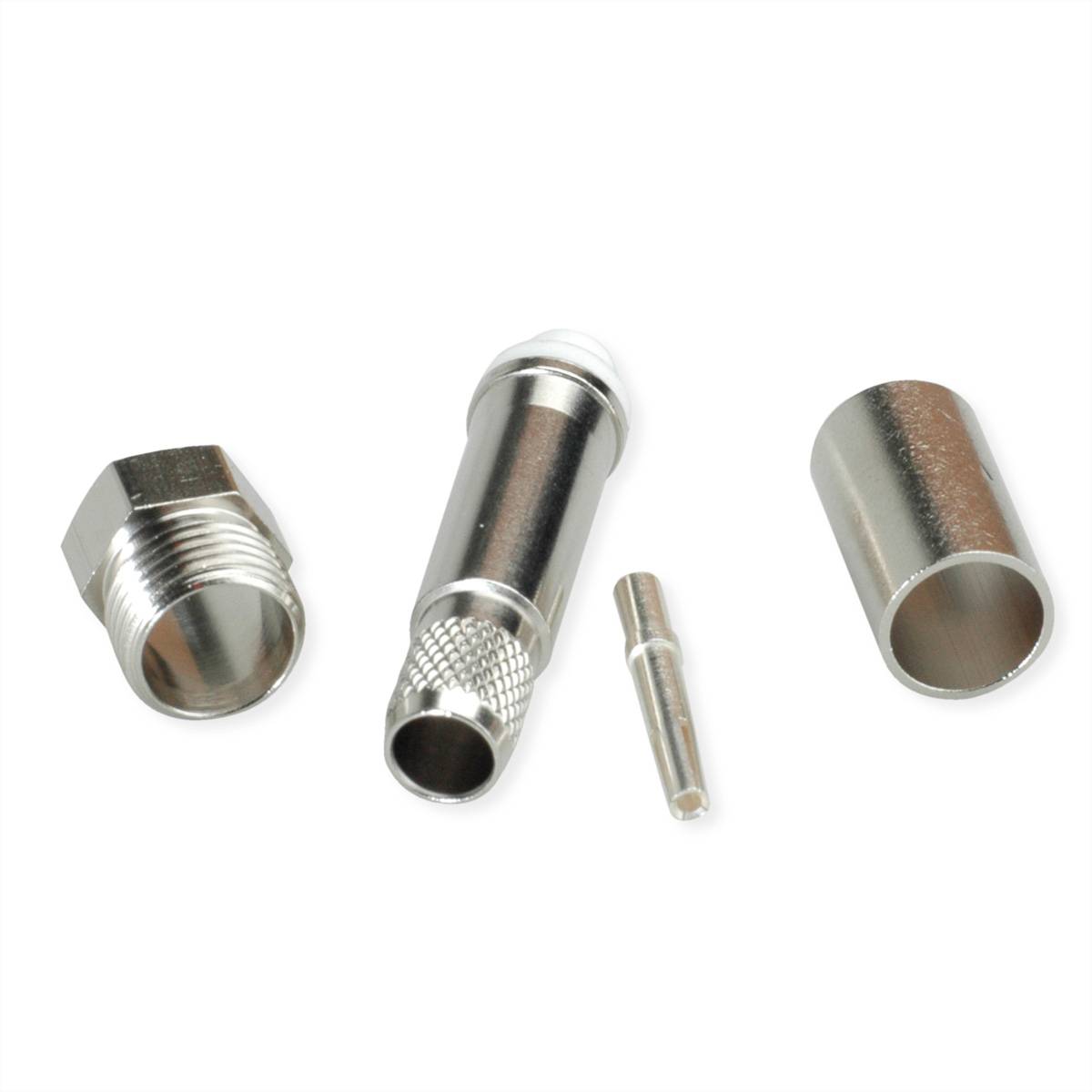 Koaxialkabelstecker-Teile ausgelegt: sechskantmutter, geriffelte mittlere Muffe, kleiner mittlerer Stift und zylindrisches Metallgehäuse.