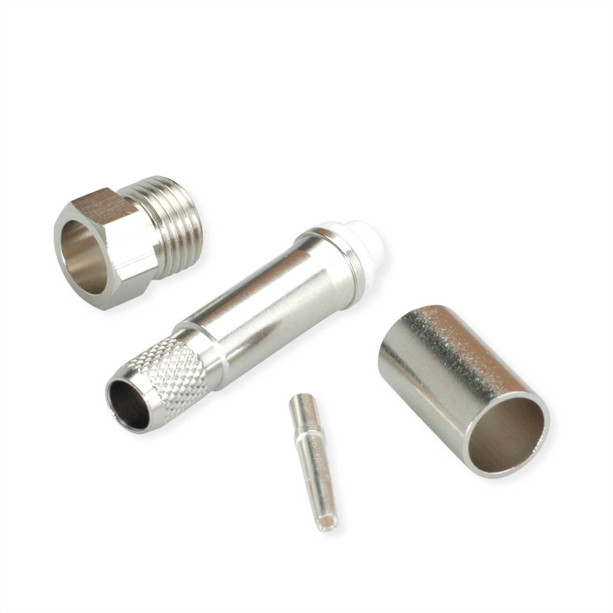 Ein Koaxialkabel-Steckerverbindungs-Set mit fünf Metallkomponenten, einschließlich Steckern und einer zentralen Kontaktstift, auf weißem Hintergrund angeordnet.