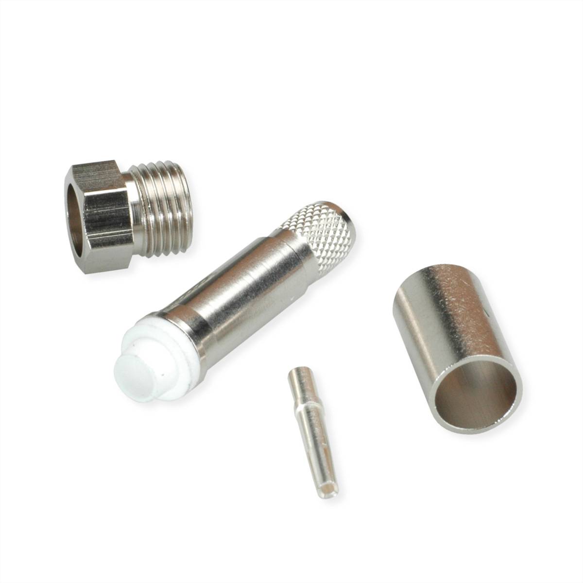 Steckverbinder-Baugruppe bestehend aus einem Metallrohr, einer Gewindekomponente, einem Stift und zwei zylindrischen Komponenten, angeordnet auf weißem Hintergrund.