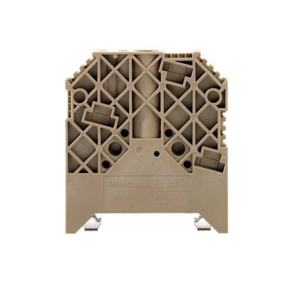 Ein brauner Weidmüller-Reihenklemmenblock mit mehreren Anschlusspunkten und Montageklammern, verwendet für elektrische Schaltkreise.