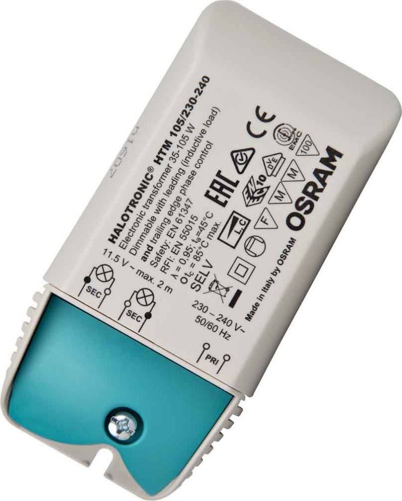 Osram-Elektrotransformator, markiert mit 'Halotronic HTM 105/230-240', zeigt elektrische und Zertifizierungsdetails auf seiner Oberfläche.