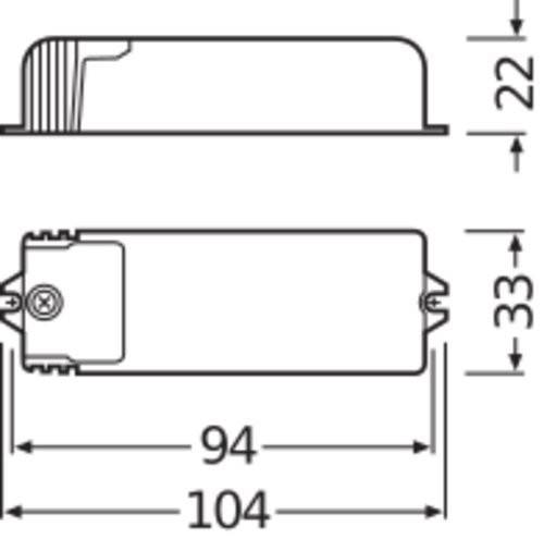 Technische Zeichnung mit Abmessungen einer rechteckigen elektronischen Komponente: 22 mm Höhe, 33 mm Breite, 104 mm Länge; 94 mm Montagefläche.
