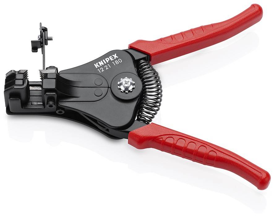KNIPEX Abisolierzangen mit schwarzem Gehäuse und roten Griffen, in Profilansicht auf weißem Hintergrund dargestellt.